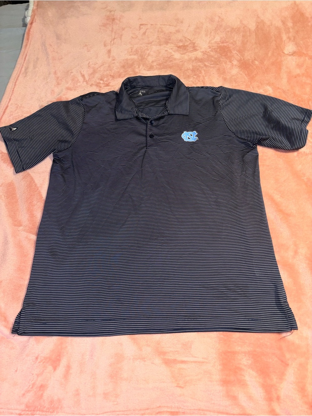 Antigua Navy and Light Blue Striped Polo with UNC Logo